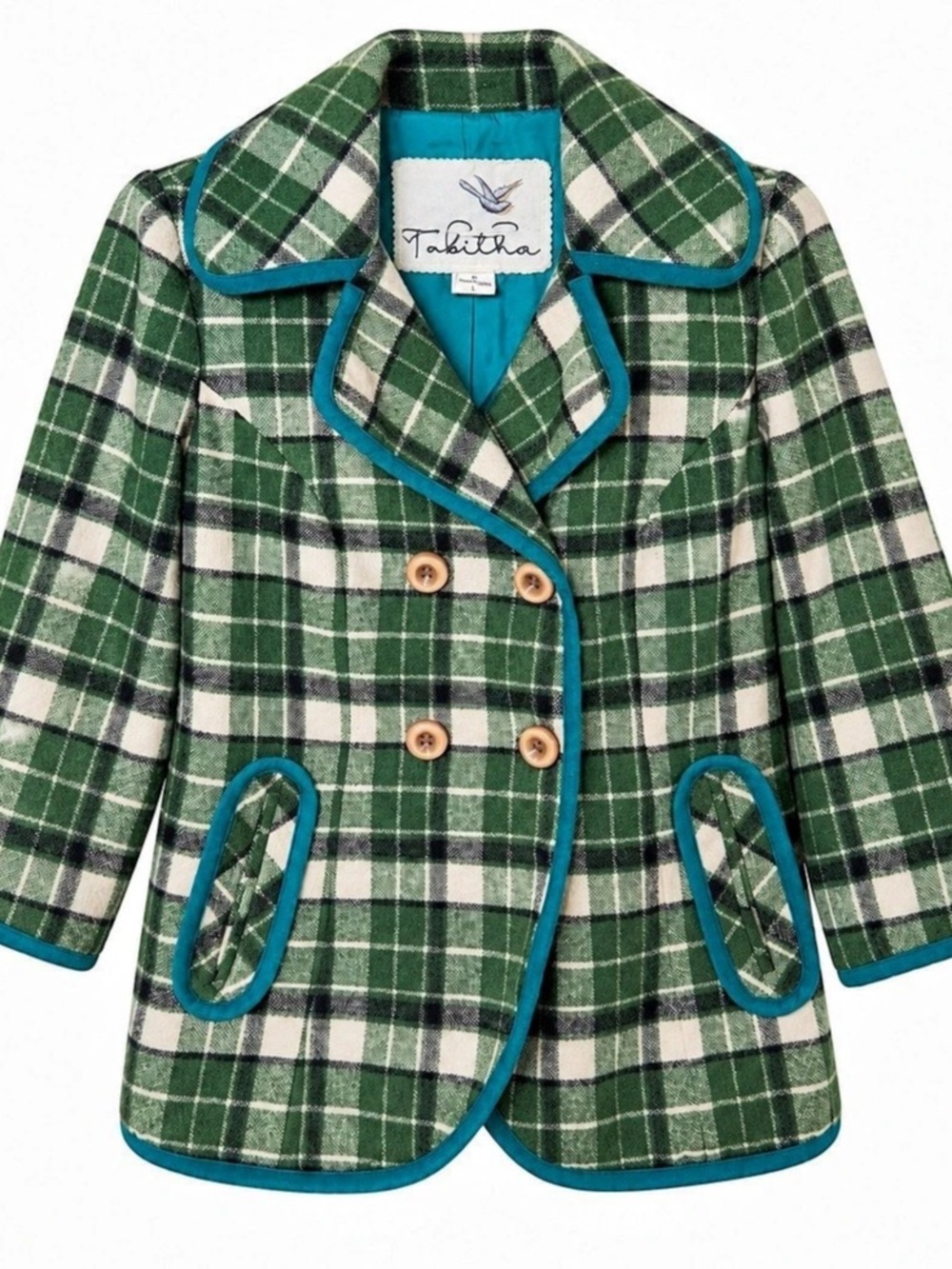 Anthropologie Tabitha Green Plaid Pea Coat XS Teal Trim Double Breasted